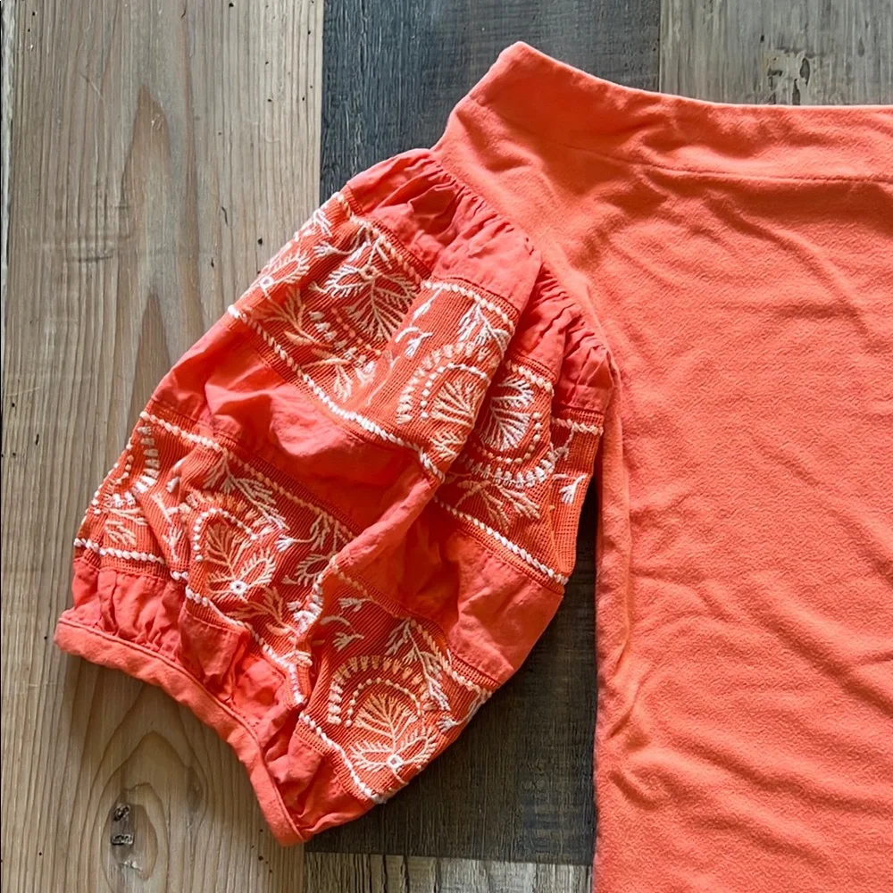 Free People Women's Embroidered Puff Sleeve Top in Orange Size: Small (S)